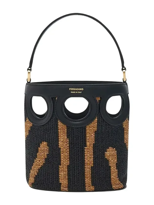 Cutout Woven Raffia Bucket Bag