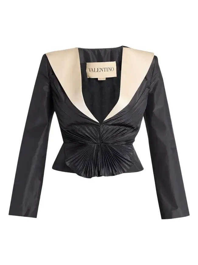 Pleated Silk Taffeta Strong-Shoulder Jacket