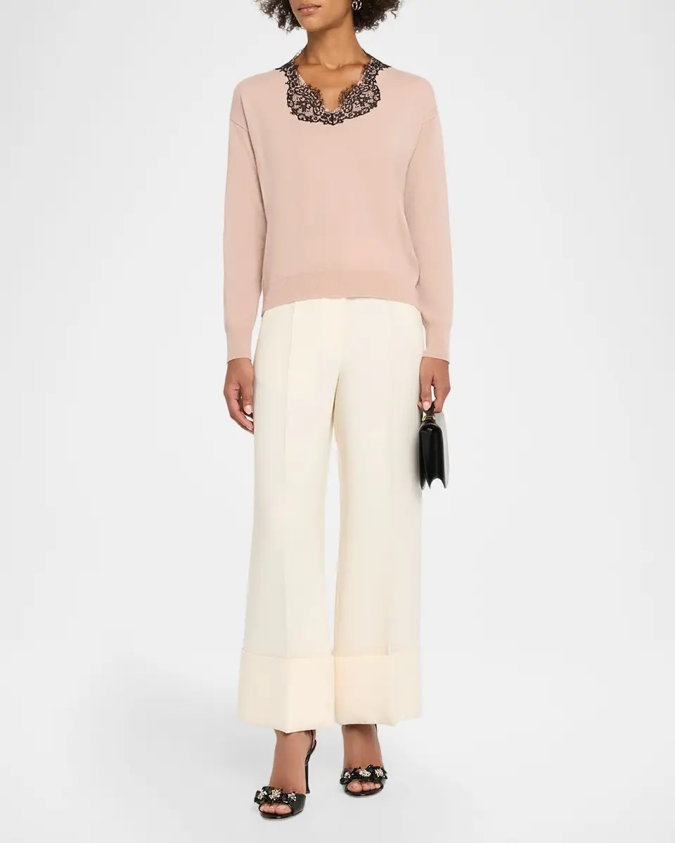 Valentino Garavani Lace-Trim V-Neck Cashmere Sweater | Thumbnail 2