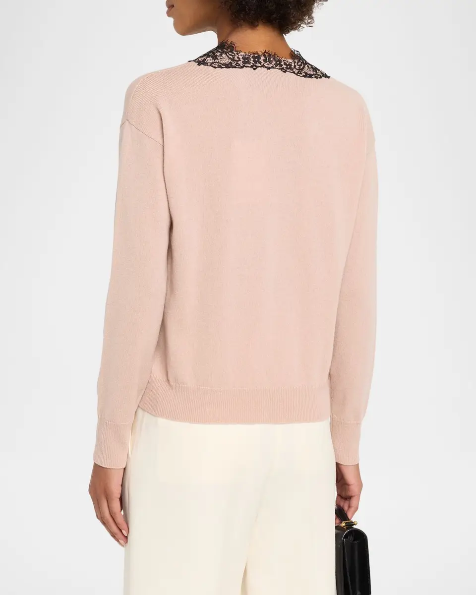 Valentino Garavani Lace-Trim V-Neck Cashmere Sweater | Thumbnail 3