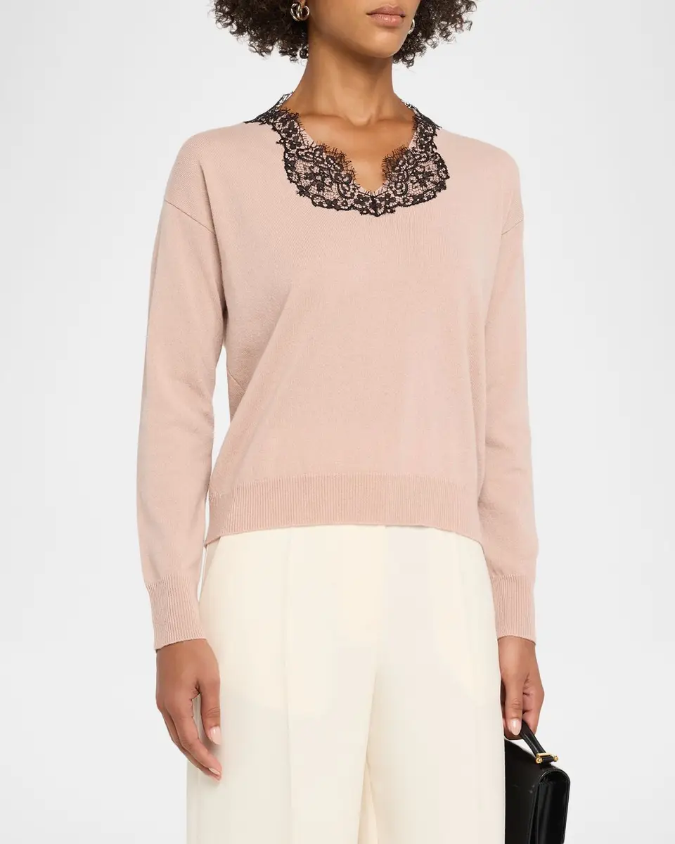 Valentino Garavani Lace-Trim V-Neck Cashmere Sweater | Thumbnail 4
