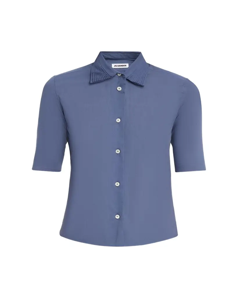 Layered Collar Short-Sleeve Cotton Button-Down Shirt