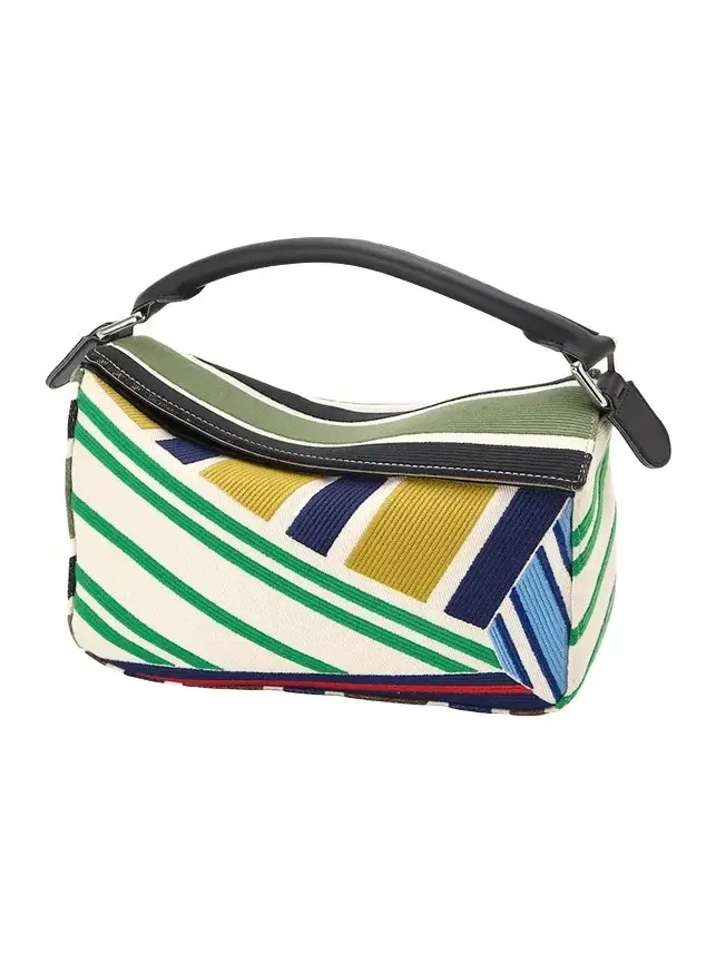Puzzle Small Embroidered Striped Top-Handle Bag