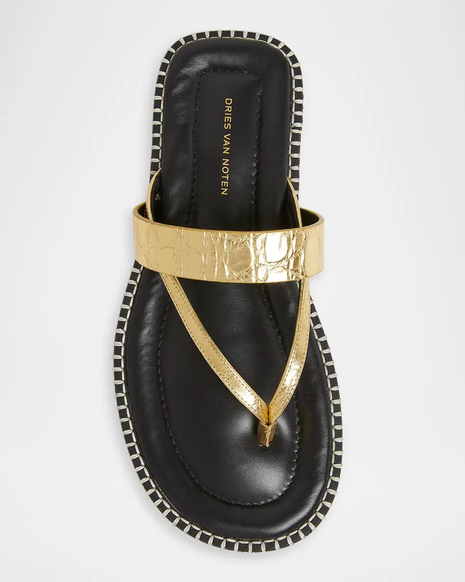 Dries Van Noten Whipstitch Croc-Embossed Metallic Leather Thong Sandals | Thumbnail 4 Dries Van Noten Whipstitch Croc-Embossed Metallic Leather Thong Sandals | Thumbnail 4