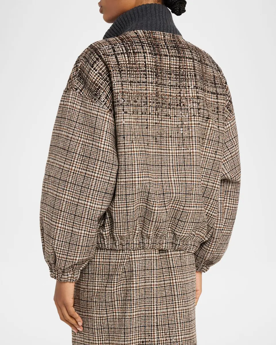 Brunello Cucinelli Shimmering Check Cashmere Bomber Jacket | Thumbnail 3 Brunello Cucinelli Shimmering Check Cashmere Bomber Jacket | Thumbnail 3