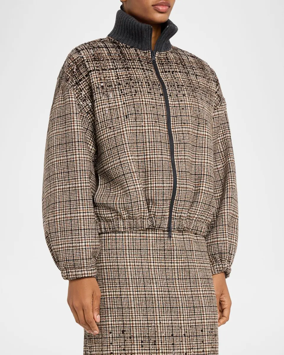Brunello Cucinelli Shimmering Check Cashmere Bomber Jacket | Thumbnail 4 Brunello Cucinelli Shimmering Check Cashmere Bomber Jacket | Thumbnail 4