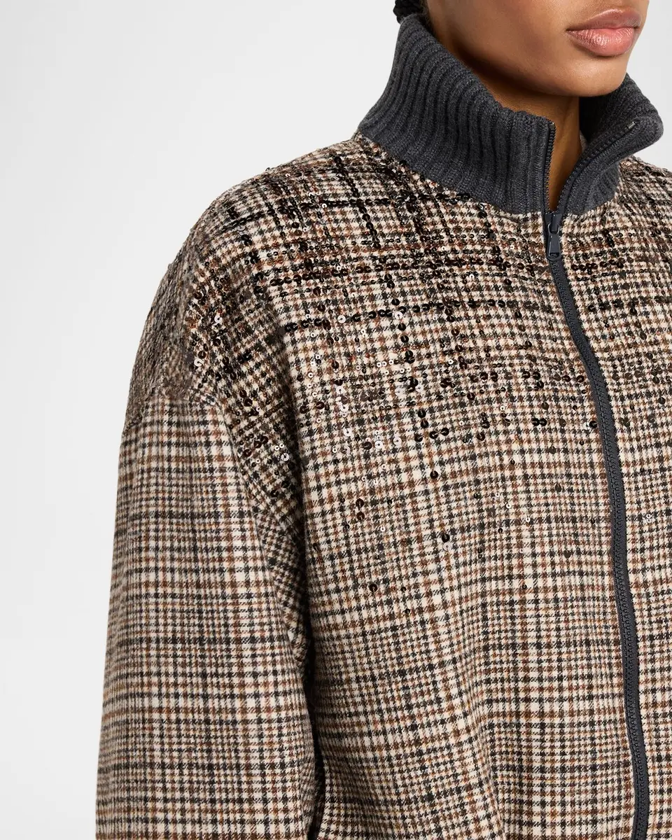 Brunello Cucinelli Shimmering Check Cashmere Bomber Jacket | Thumbnail 5 Brunello Cucinelli Shimmering Check Cashmere Bomber Jacket | Thumbnail 5