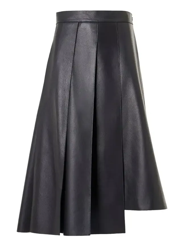 Pleated Leather A-Line Skirt