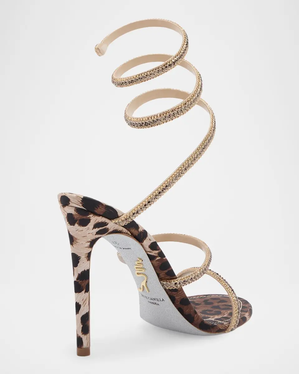 René Caovilla 105mm Cleo Leopard Satin Crystal Snake-Wrap Sandals | Thumbnail 2 René Caovilla 105mm Cleo Leopard Satin Crystal Snake-Wrap Sandals | Thumbnail 2