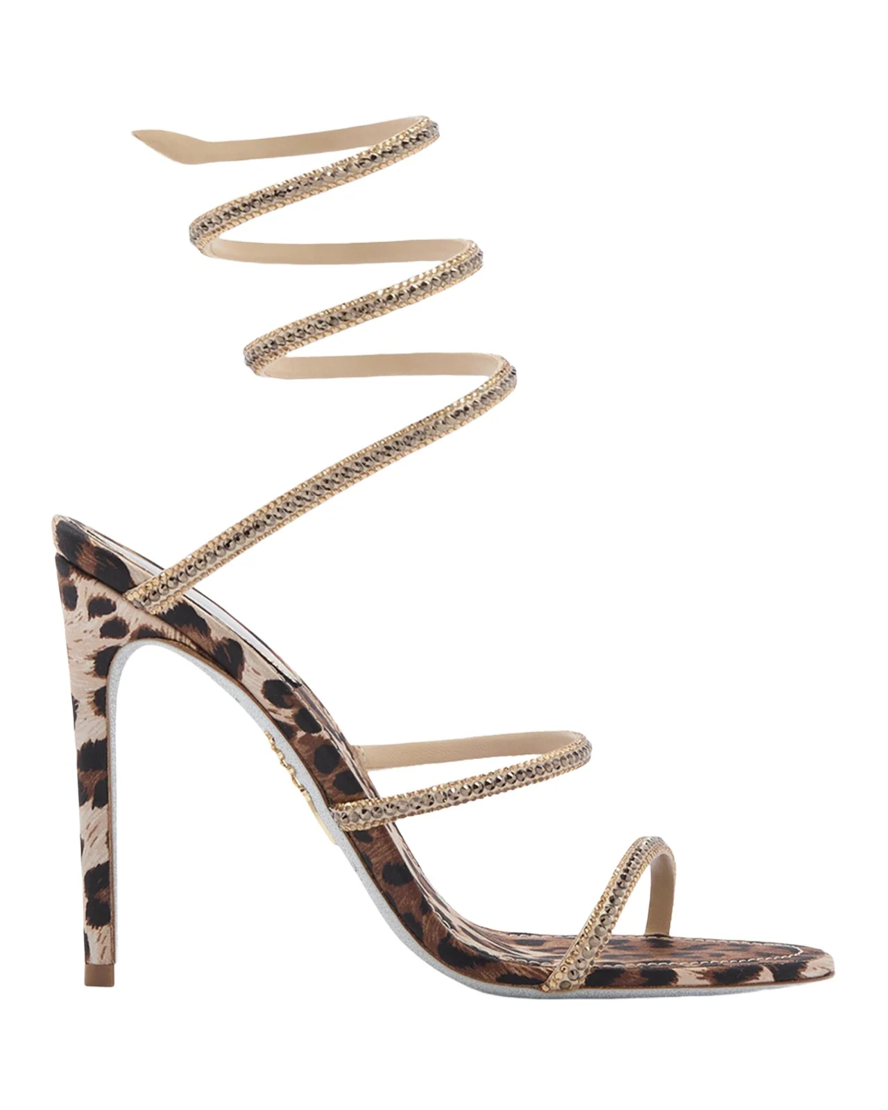 105mm Cleo Leopard Satin Crystal Snake-Wrap Sandals 105mm Cleo Leopard Satin Crystal Snake-Wrap Sandals