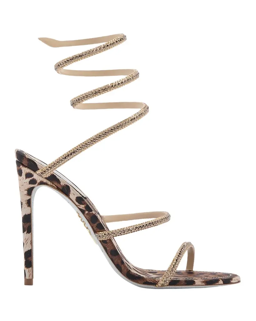 Rene Caovilla 105mm Cleo Leopard Satin Crystal Snake-Wrap Sandals | Image 1 Rene Caovilla 105mm Cleo Leopard Satin Crystal Snake-Wrap Sandals | Image 1