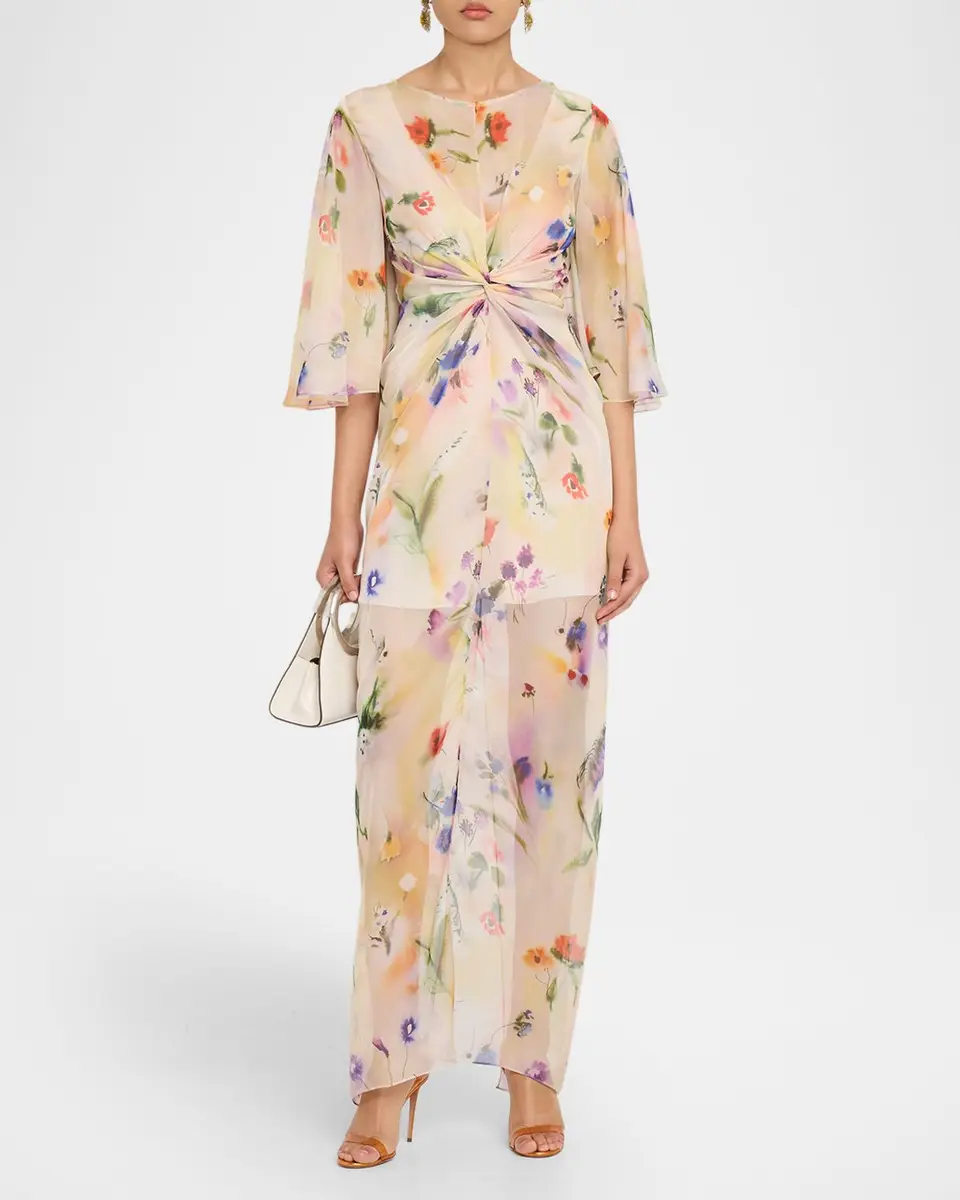 PRABAL GURUNG Flutter Sleeve Floral Silk Gathered Dress | Thumbnail 2