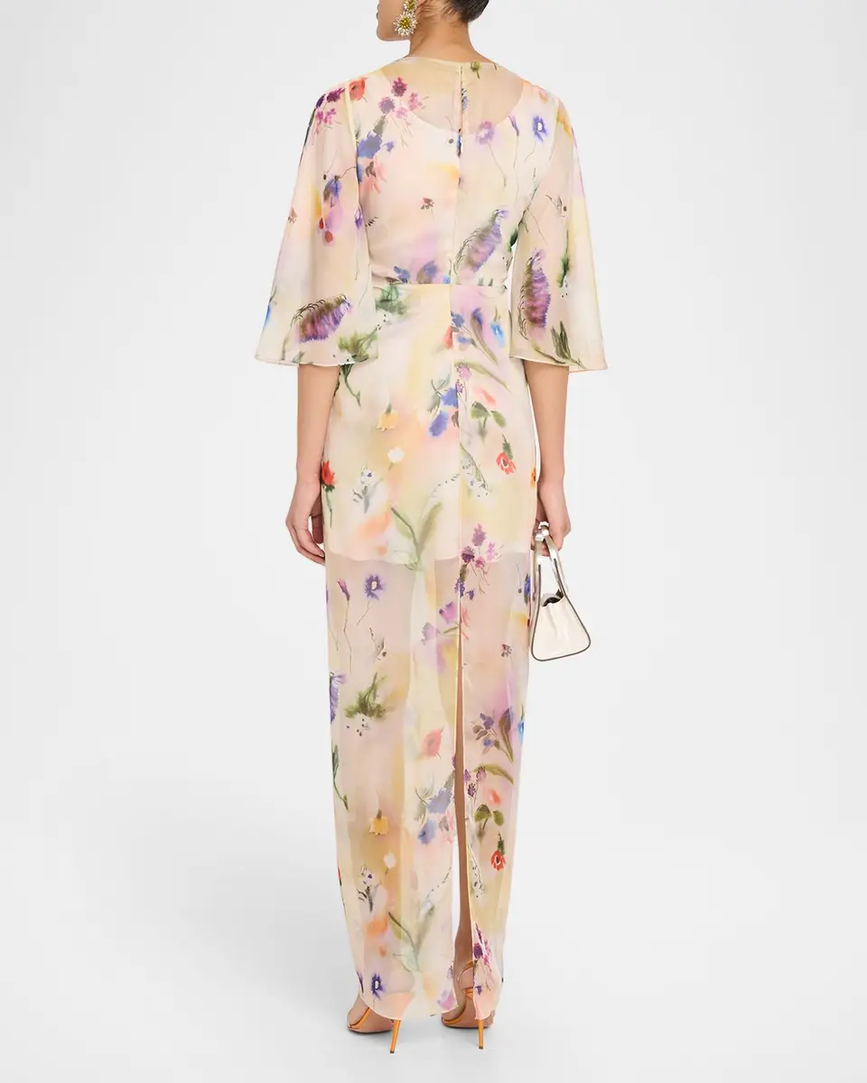PRABAL GURUNG Flutter Sleeve Floral Silk Gathered Dress | Thumbnail 3