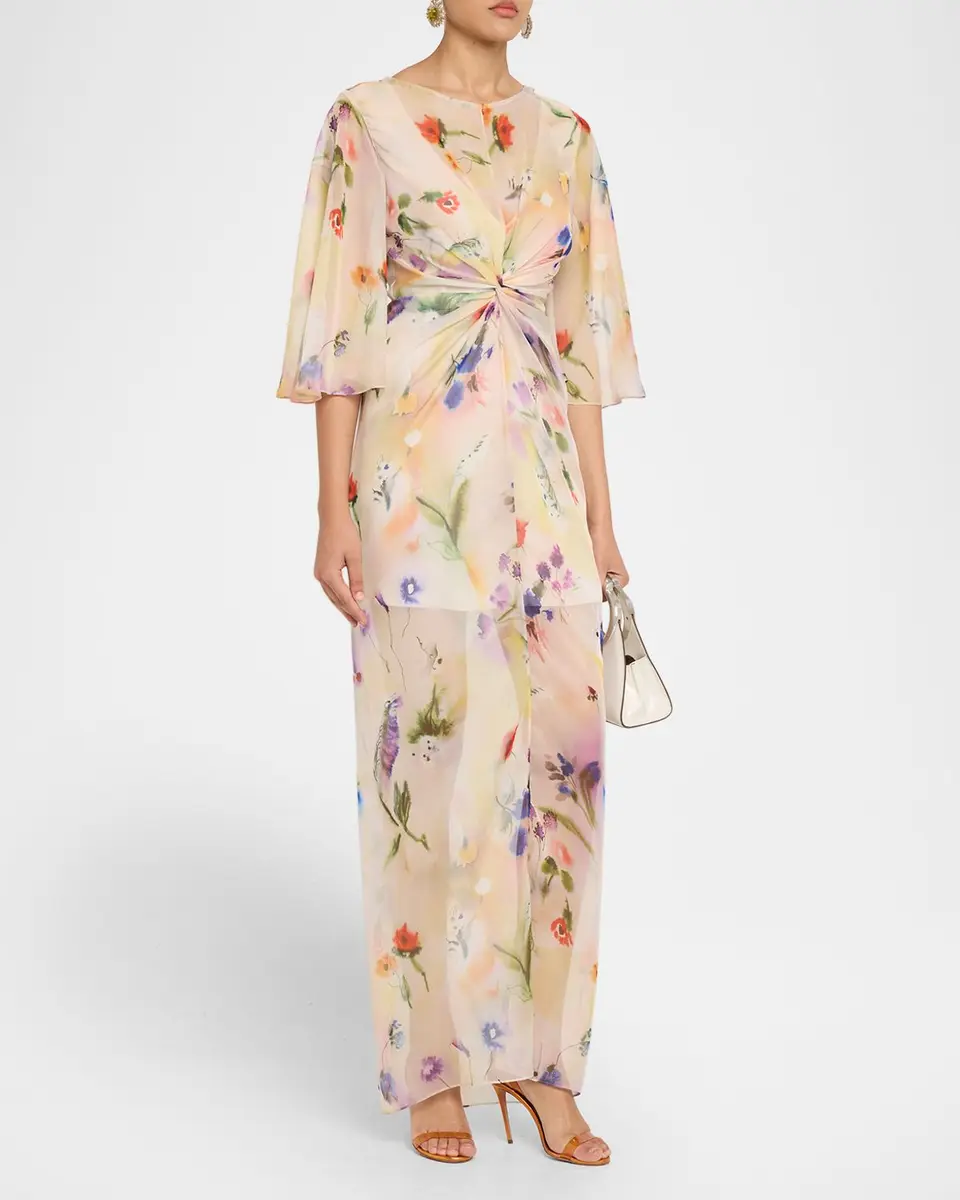 PRABAL GURUNG Flutter Sleeve Floral Silk Gathered Dress | Thumbnail 4