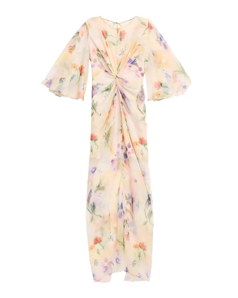 PRABAL GURUNG Flutter Sleeve Floral Silk Gathered Dress | Image 1 PRABAL GURUNG Flutter Sleeve Floral Silk Gathered Dress | Image 1