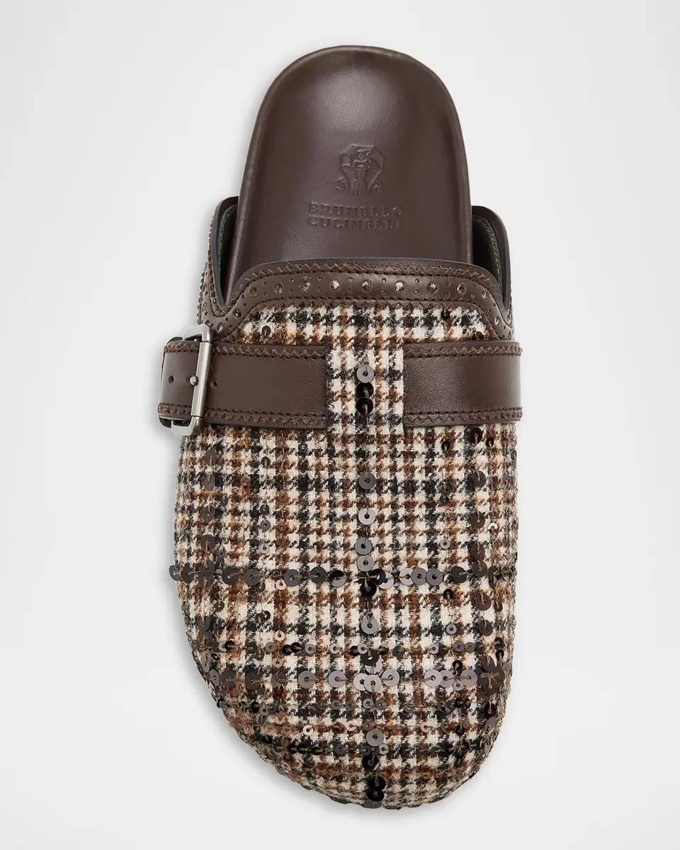 Brunello Cucinelli Plaid Sequined Wool and Leather Buckle Clogs | Thumbnail 3 Brunello Cucinelli Plaid Sequined Wool and Leather Buckle Clogs | Thumbnail 3