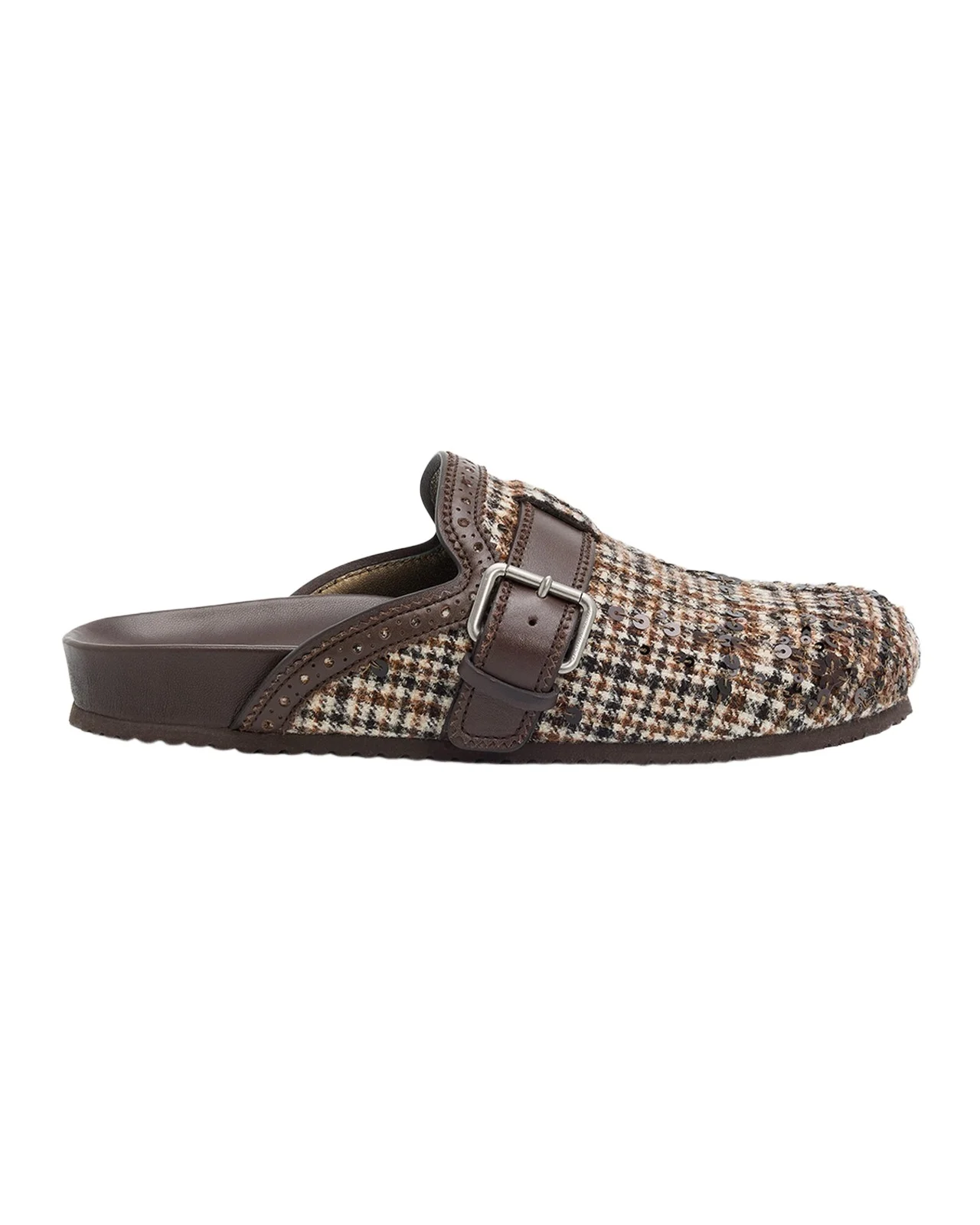 Plaid Sequined Wool and Leather Buckle Clogs