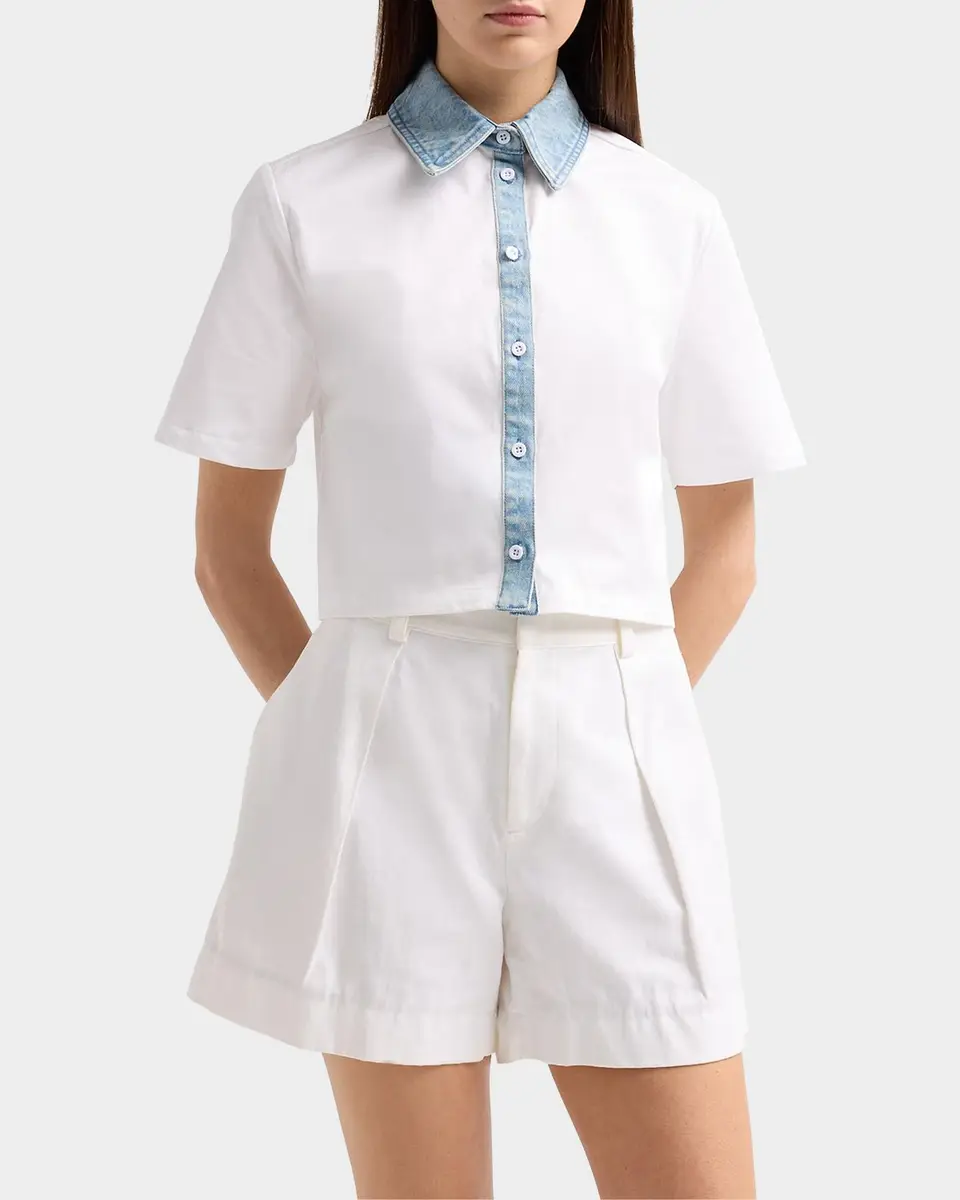 SEROYA Kelsie Stretch-Cotton Denim-Trim Top | Thumbnail 5 SEROYA Kelsie Stretch-Cotton Denim-Trim Top | Thumbnail 5