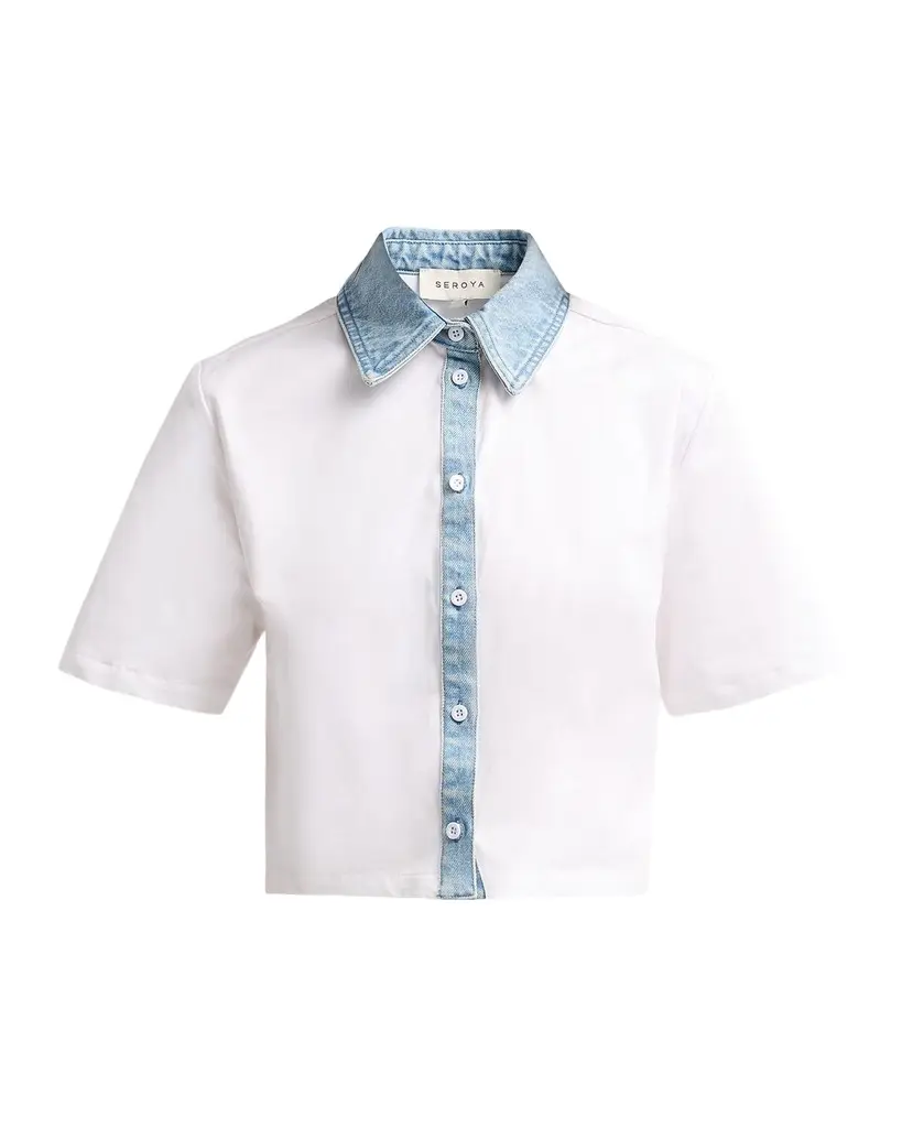 SEROYA Kelsie Stretch-Cotton Denim-Trim Top | Image 1 SEROYA Kelsie Stretch-Cotton Denim-Trim Top | Image 1