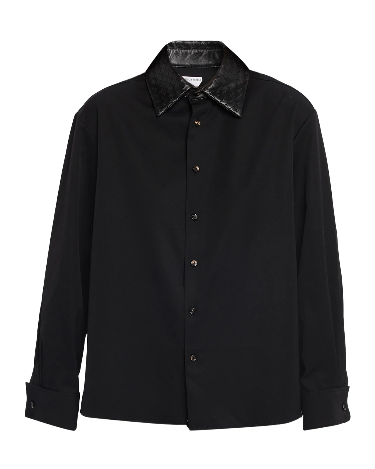 Bottega Veneta Intrecciato-Leather-Collar Wool Shirt