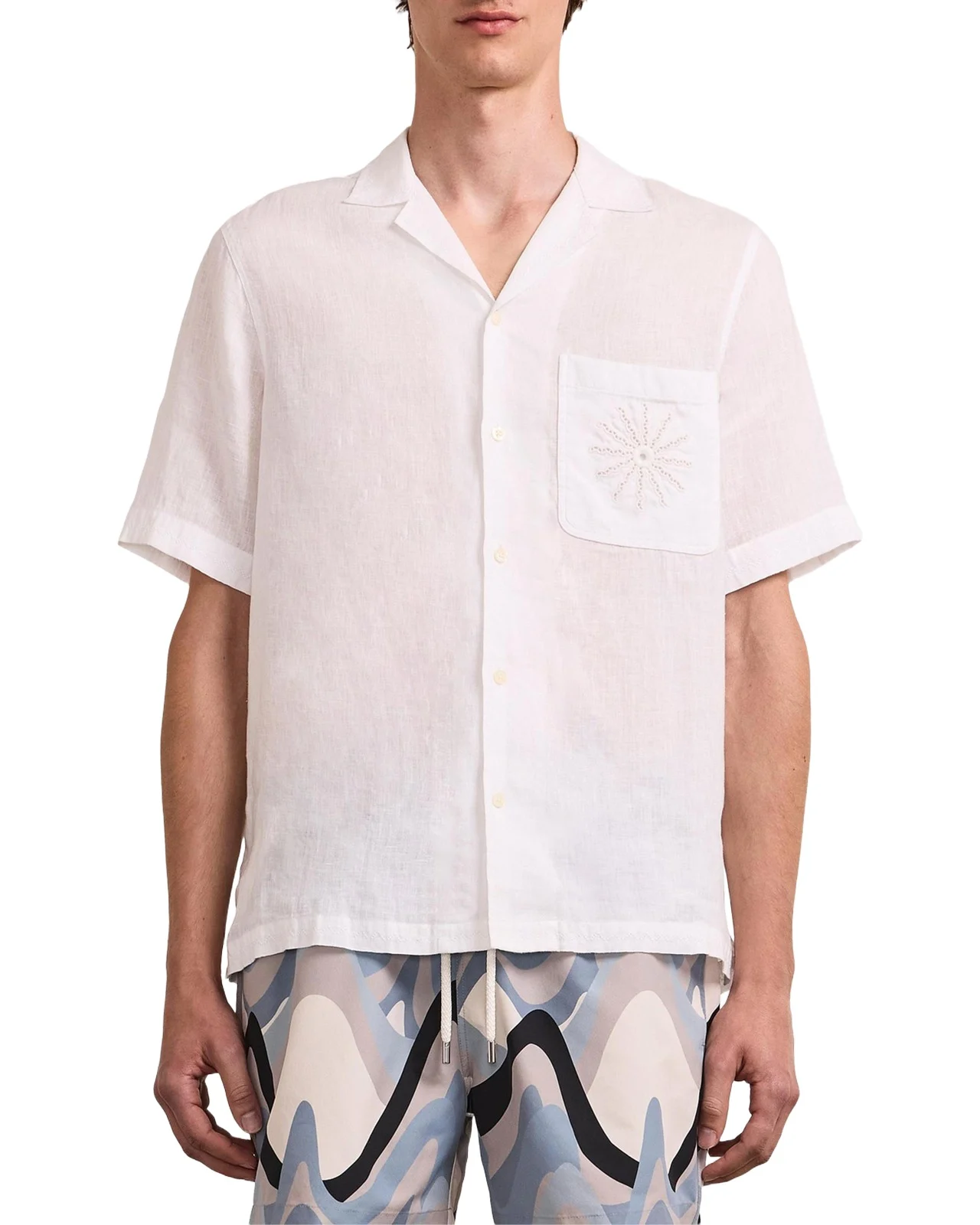 Men's Alves Embroidered-Trim Linen Camp Shirt Men's Alves Embroidered-Trim Linen Camp Shirt