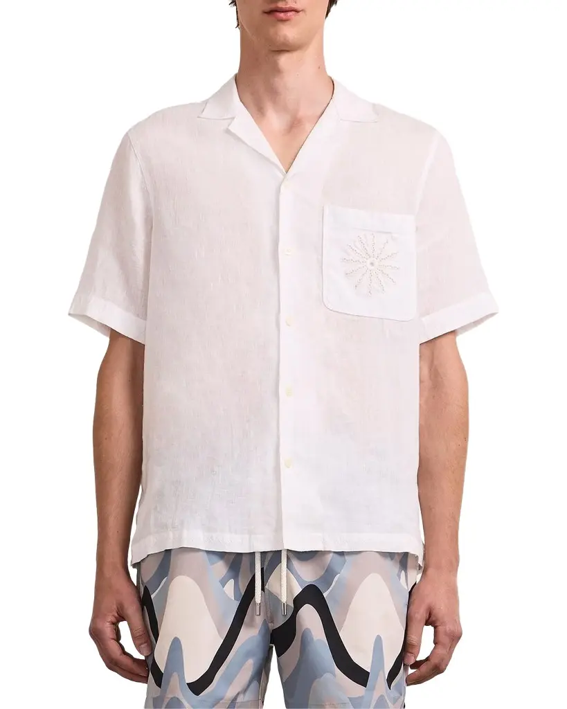 Men's Alves Embroidered-Trim Linen Camp Shirt Men's Alves Embroidered-Trim Linen Camp Shirt