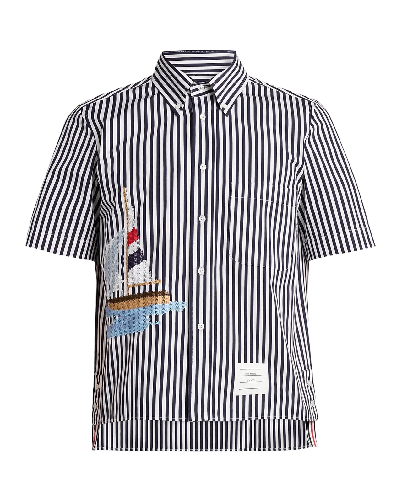 Thom Browne Men's Sailboat-Embroidered Wide Striped Poplin Shirt