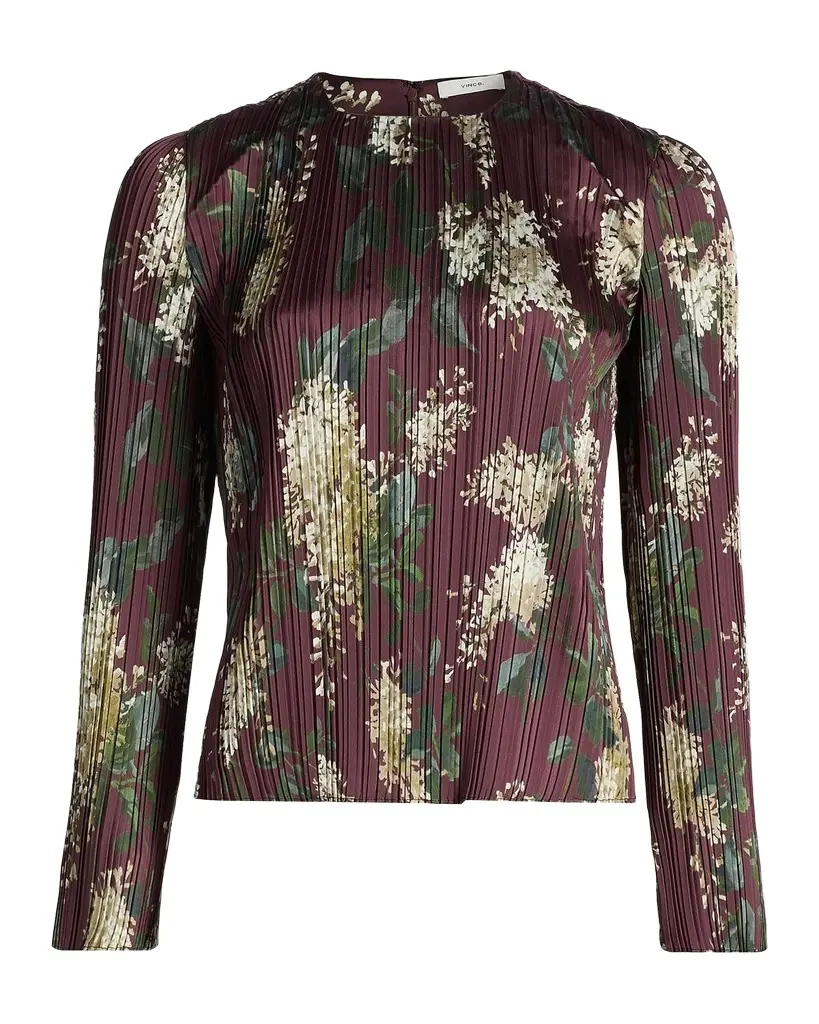 Vince Floral Micro-Pleated Crewneck Top | Image 1 Vince Floral Micro-Pleated Crewneck Top | Image 1