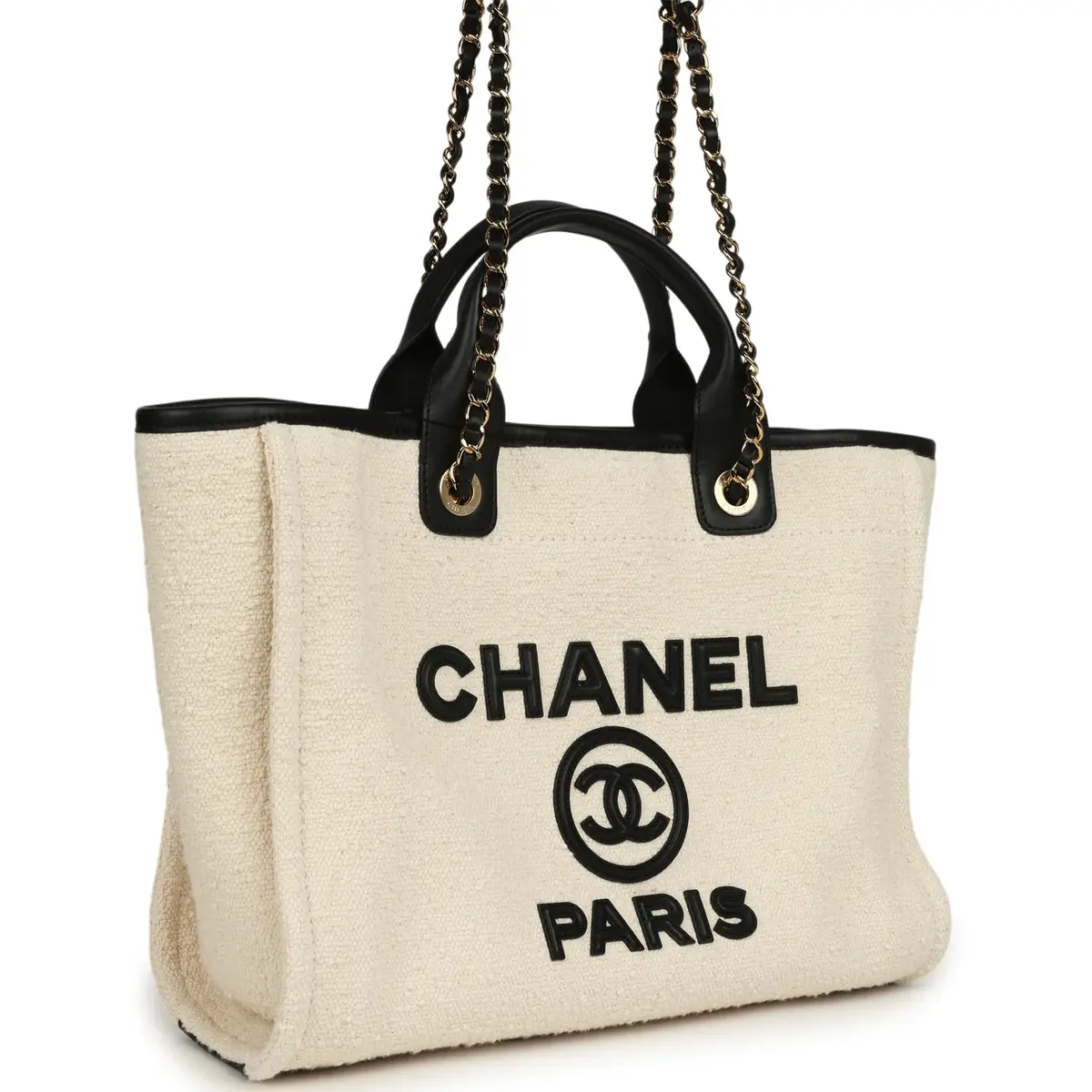 Chanel Chanel Small Deauville Shopping Tote Ecru Bouclé Tweed, Black Calfskin Gold Hardware | Thumbnail 2