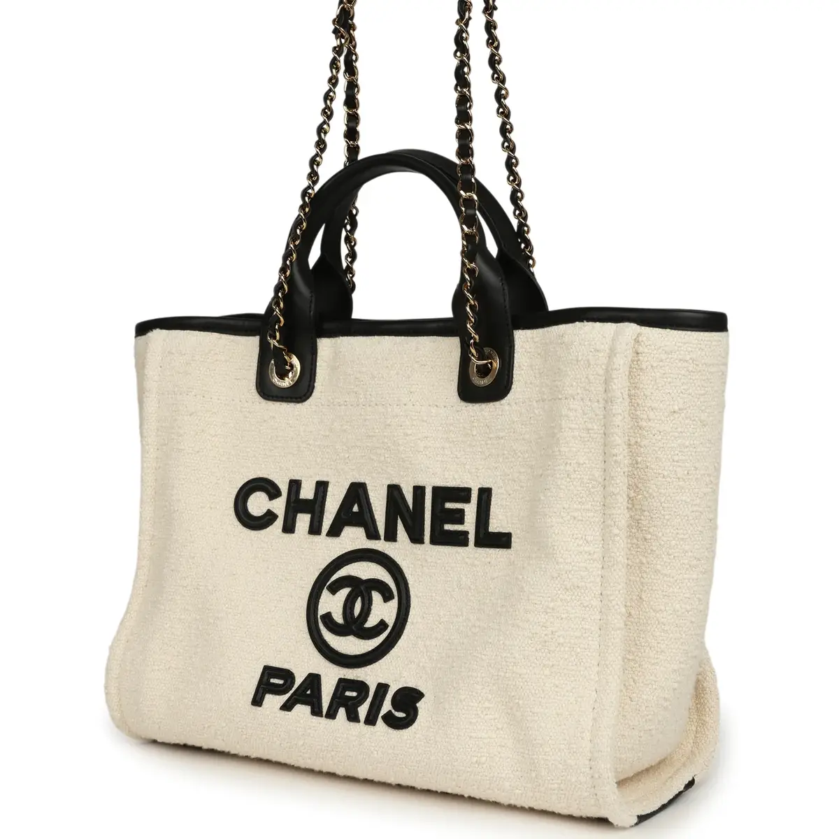 Chanel Chanel Small Deauville Shopping Tote Ecru Bouclé Tweed, Black Calfskin Gold Hardware | Thumbnail 5