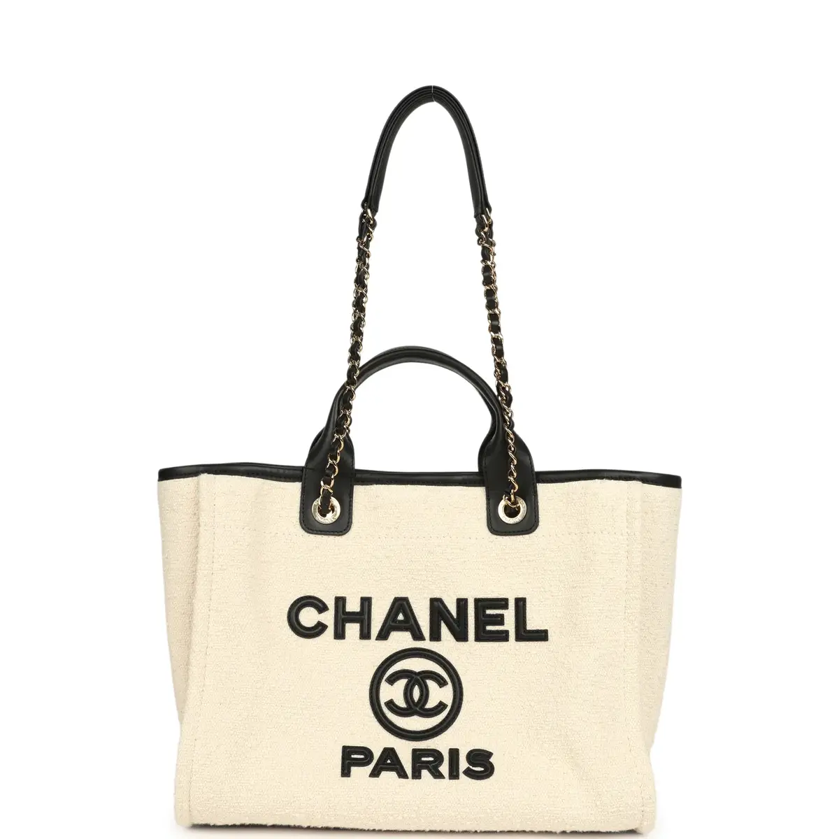 Chanel Chanel Small Deauville Shopping Tote Ecru Bouclé Tweed, Black Calfskin Gold Hardware | Thumbnail 6