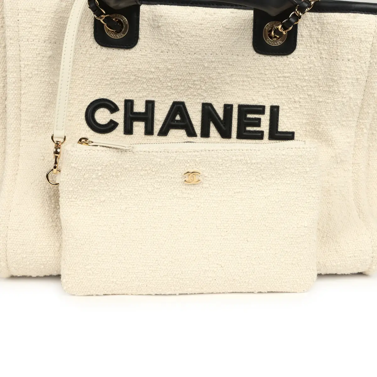 Chanel Chanel Small Deauville Shopping Tote Ecru Bouclé Tweed, Black Calfskin Gold Hardware | Thumbnail 8