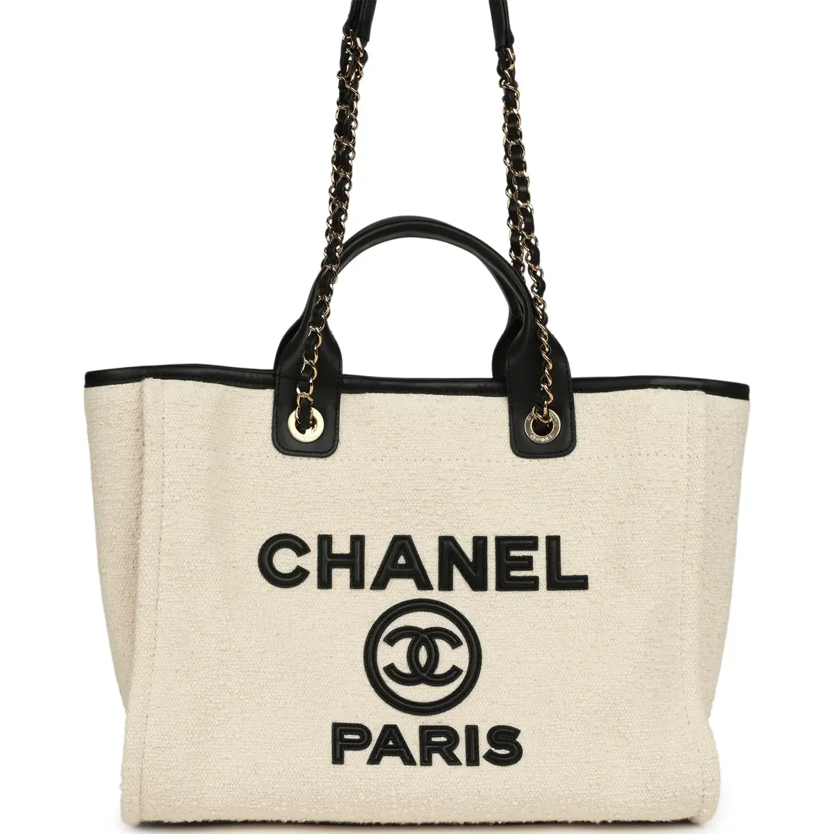 Chanel Chanel Small Deauville Shopping Tote Ecru Bouclé Tweed, Black Calfskin Gold Hardware | Image 1 Chanel Chanel Small Deauville Shopping Tote Ecru Bouclé Tweed, Black Calfskin Gold Hardware | Image 1