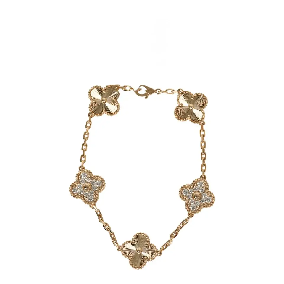 Van Cleef & Arpels Van Cleef & Arpels Vintage Alhambra 5 Motif Bracelet Diamonds 18K Yellow Gold Guilloche | Image 1 Van Cleef & Arpels Van Cleef & Arpels Vintage Alhambra 5 Motif Bracelet Diamonds 18K Yellow Gold Guilloche | Image 1