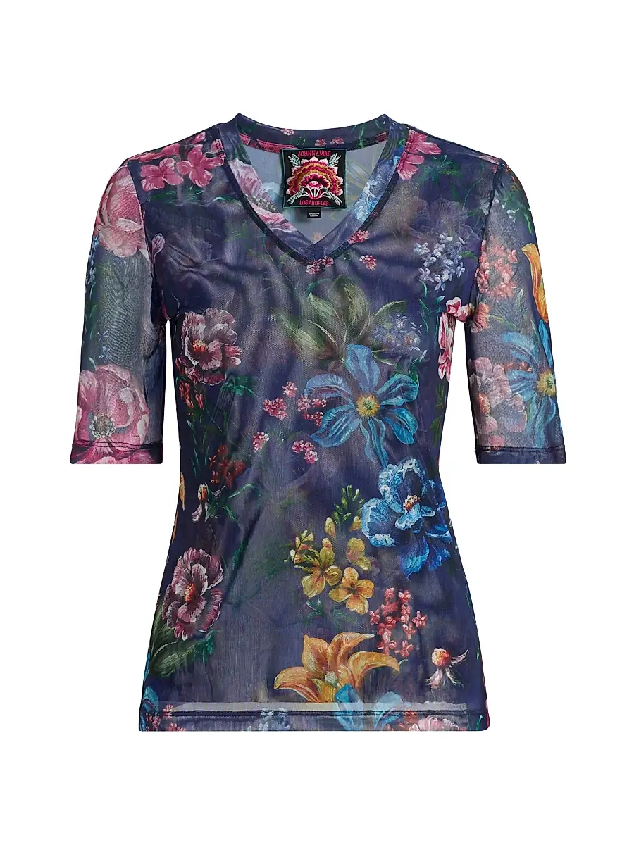Johnny Was Women's Floral Mesh V-Neck Top - Ollie - Size XL | Image 1 Johnny Was Women's Floral Mesh V-Neck Top - Ollie - Size XL | Image 1