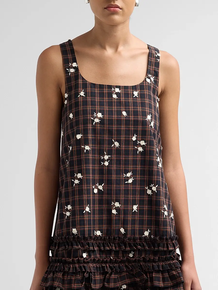 Ganni Women's Floral Check Ruffle Mini Dress | Thumbnail 5
