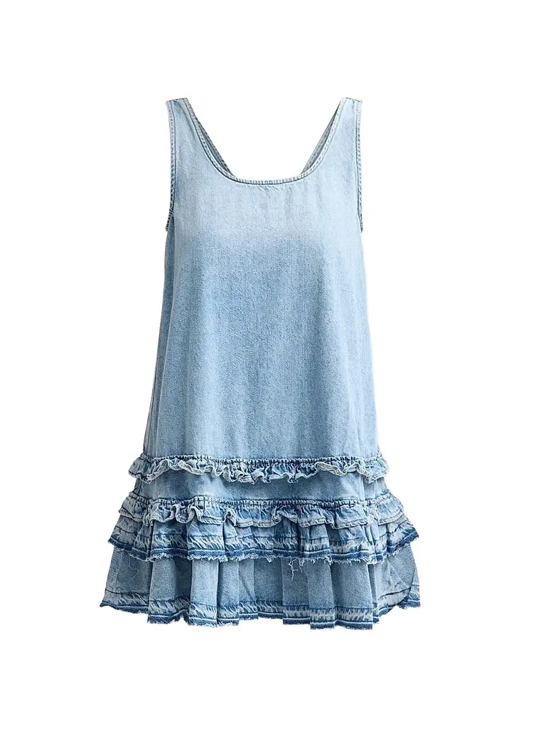 Ganni Women's Lightweight Denim Frill Mini Dress | Image 1 Ganni Women's Lightweight Denim Frill Mini Dress | Image 1