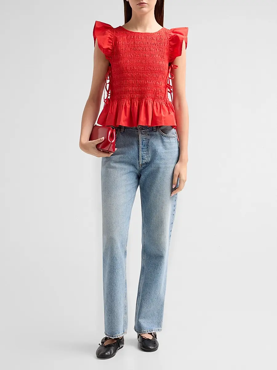 Ganni Women's Stretch-Cotton Angel-Sleeve Smocked Top | Thumbnail 2