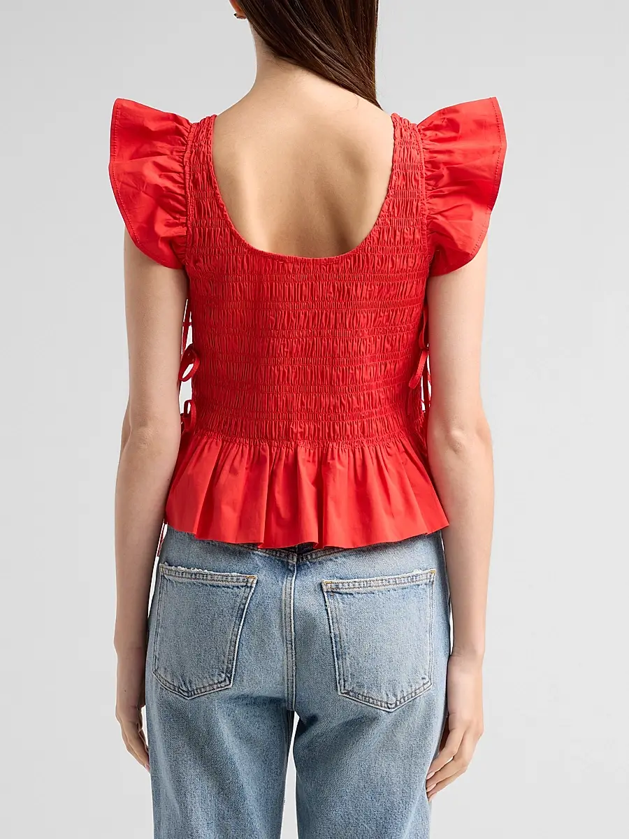 Ganni Women's Stretch-Cotton Angel-Sleeve Smocked Top | Thumbnail 3