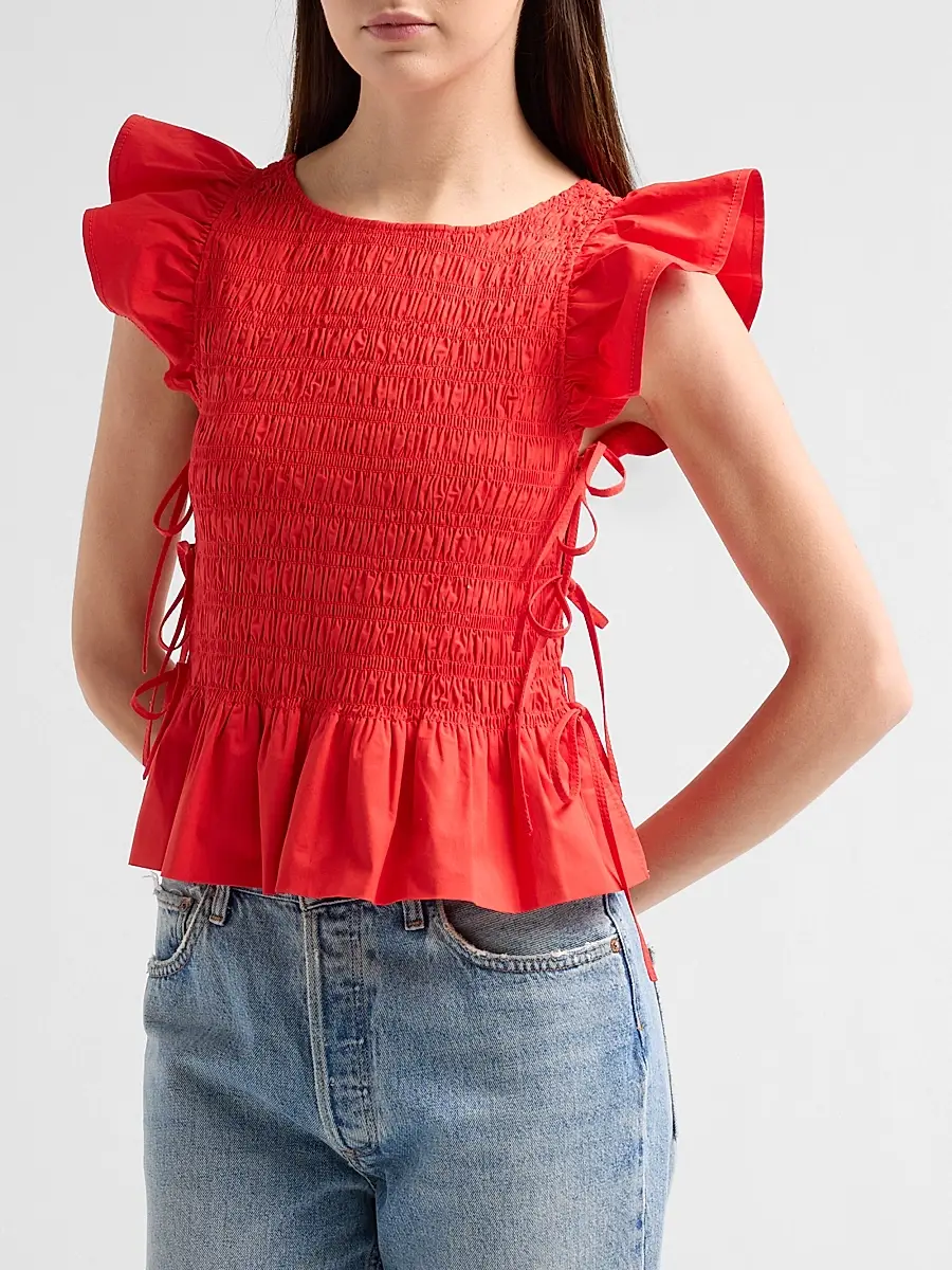 Ganni Women's Stretch-Cotton Angel-Sleeve Smocked Top | Thumbnail 4