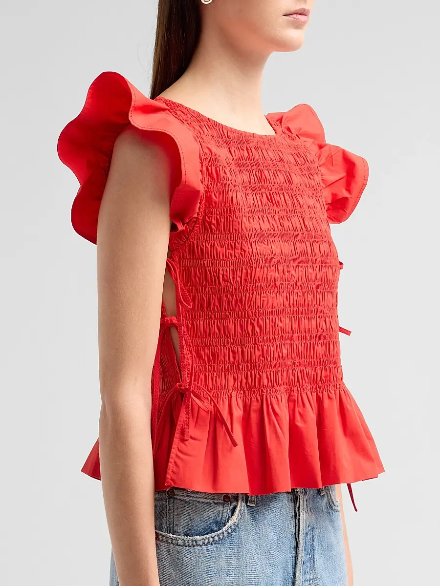 Ganni Women's Stretch-Cotton Angel-Sleeve Smocked Top | Thumbnail 5
