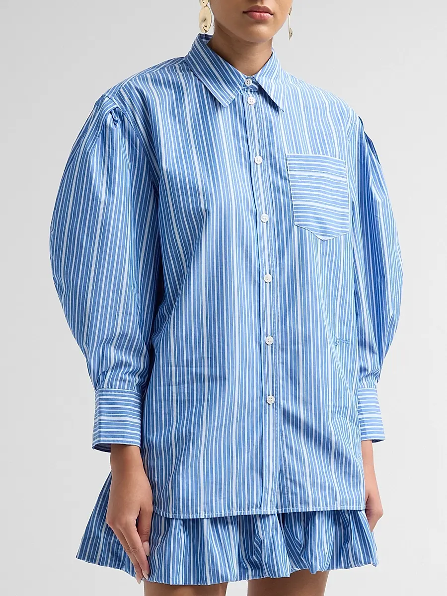 Ganni Women's Striped Cotton Pleated-Sleeve Shirt | Thumbnail 4 Ganni Women's Striped Cotton Pleated-Sleeve Shirt | Thumbnail 4