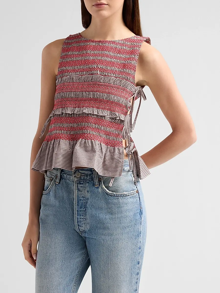 Ganni Women's Gingham Cotton Smocked Tie Top | Thumbnail 4 Ganni Women's Gingham Cotton Smocked Tie Top | Thumbnail 4