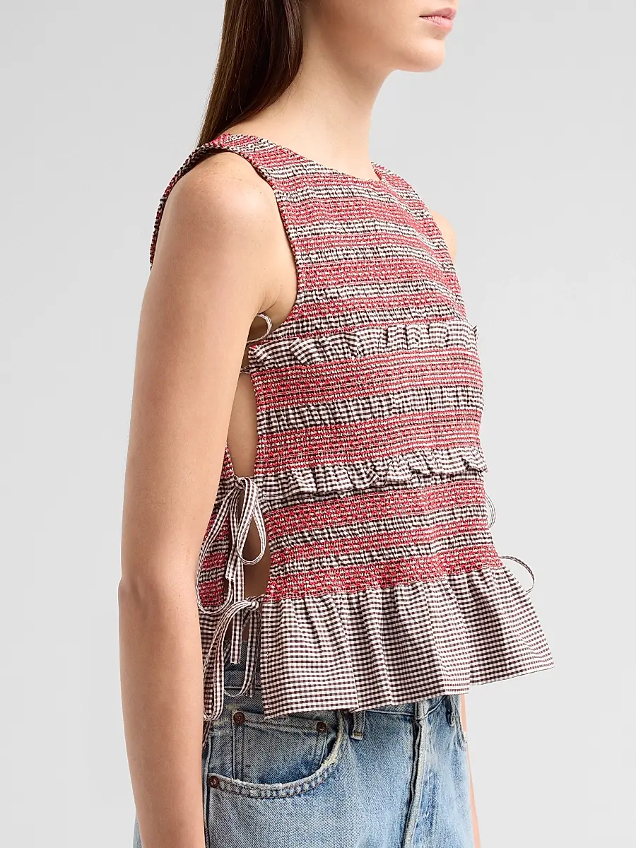 Ganni Women's Gingham Cotton Smocked Tie Top | Thumbnail 5 Ganni Women's Gingham Cotton Smocked Tie Top | Thumbnail 5
