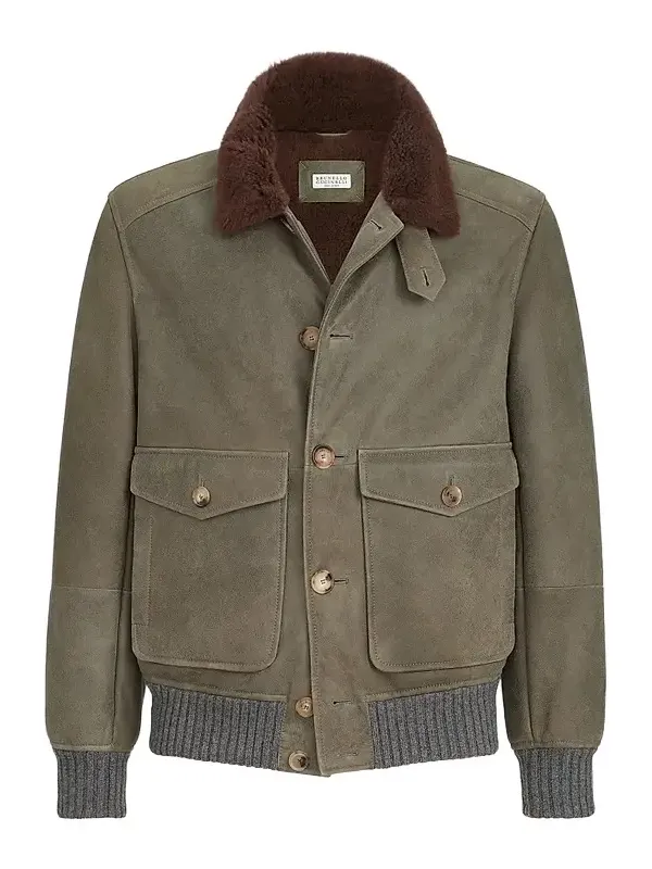 Brunello Cucinelli Men's Waxed Shearling Bomber Jacket with Shearling Collar - Military