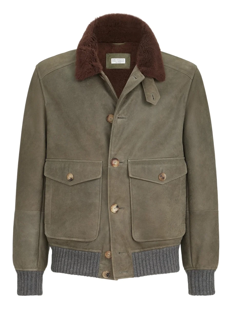 Brunello Cucinelli Men's Waxed Shearling Bomber Jacket with Shearling Collar - Military