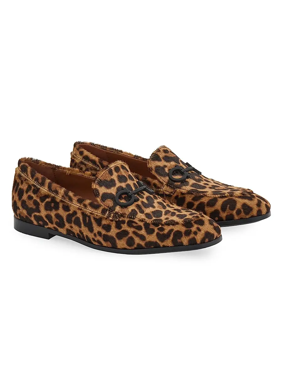 Ferragamo Women's Soldy Leopard-Print Calf Hair Leather Loafers | Thumbnail 3