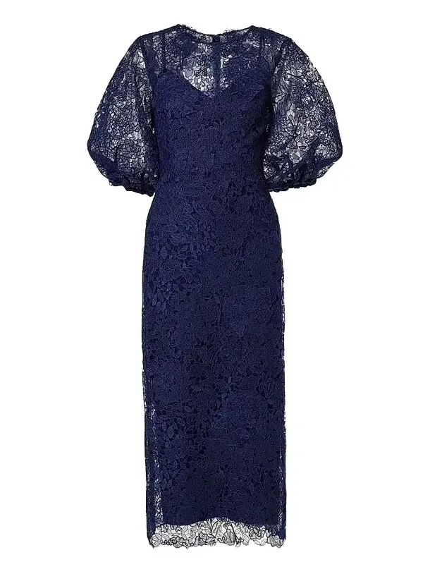 Women's Lace Balloon-Sleeve Belted Midi Pencil Dress Women's Lace Balloon-Sleeve Belted Midi Pencil Dress