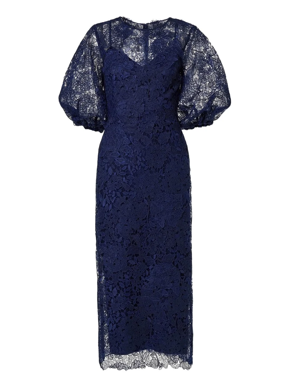 Carolina Herrera Women's Lace Balloon-Sleeve Belted Midi Pencil Dress