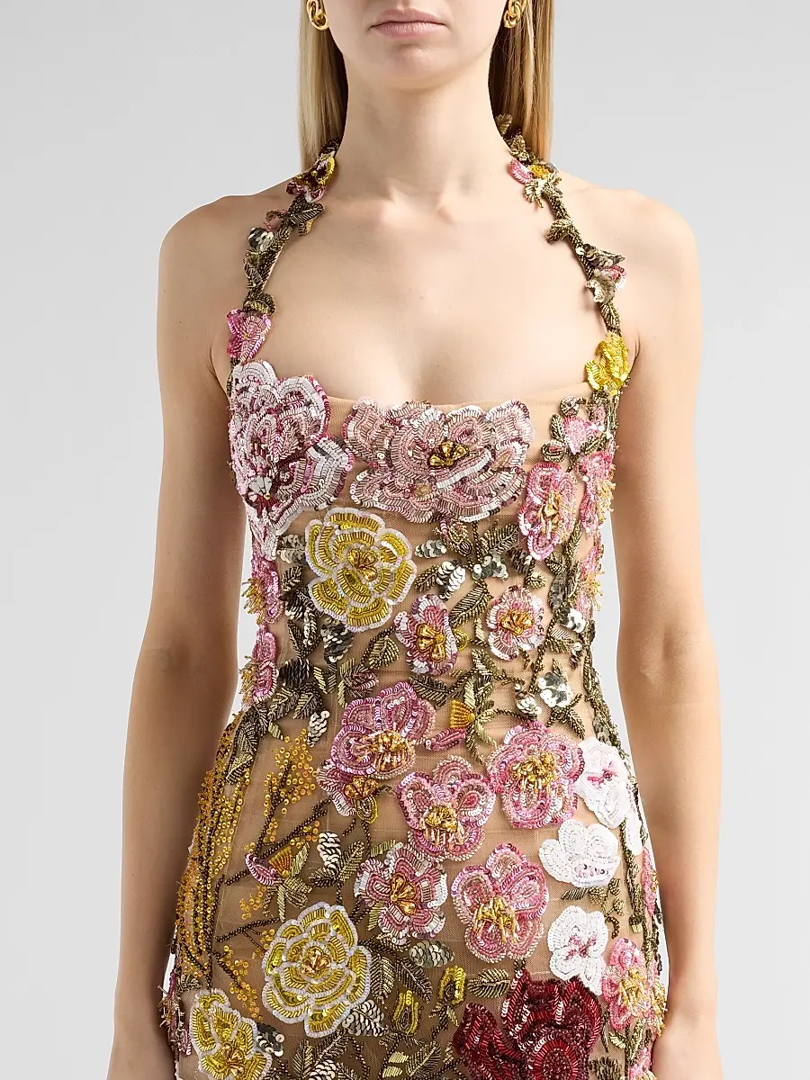 Oscar de la Renta Women's Floral-Embroidered Halter Cocktail Dress | Thumbnail 5